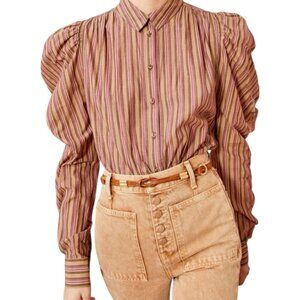 New Ulla Johnson Dari Blouse Size 2 In Mulberry Stripe Puff Sleeves Button Down